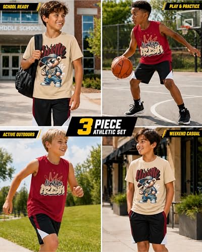 Image of Pro Athlete Boys Active Shorts Set - 3 Piece Athletic Dry Fit Graphic Tees Tank Tops and Basketball Shorts for Boys