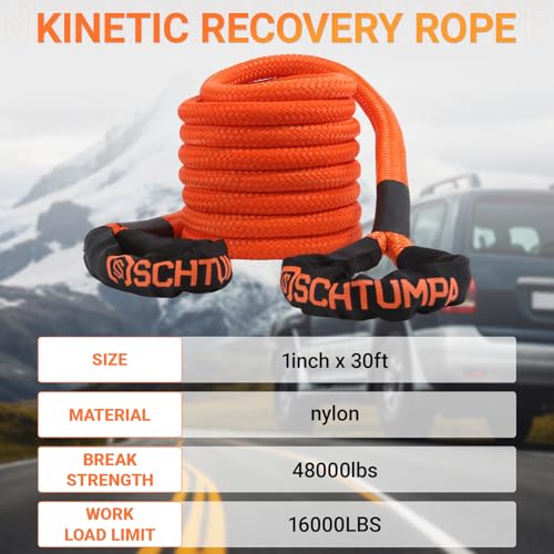 Kinetic Recovery Tow Rope, 1in x 30ft, 48000Lbs, Heavy Duty Towing Straps Kit for SUV UTV ATV Tractor Car Jeep 4x4 Offroad Vehicle