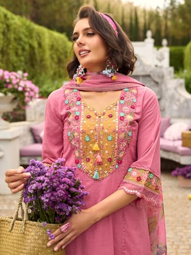 Image of INDO ERA Women's Anarkali Pure Cotton Floral Printed Embroidered Kurta & Pant with Dupatta Set (IEOUT10688)