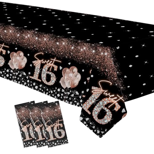 FVABO Sweet 16 Birthday Tablecloth Decorations Girls, Black Rose Gold, 3pcs