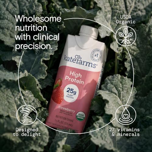 Image of KATE FARMS Organic High Protein Strawberry Nutrition Shake, 25g Protein, 6g Fiber, 27 Vitamins and Minerals, 0g Sugar, 11 oz (12 Pack)