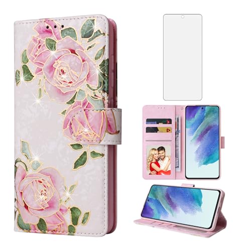 Coque Samsung S21 FE 5G Asuwish avec protège-écran verre et porte-carte rose