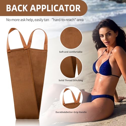 Image of FUNAN Self Tanning Applicator Kit with Soft Mitt, Back Lotion Strap, and Ultra Soft Rose Gold Kabuki Brush, Brown, 3 Piece Set