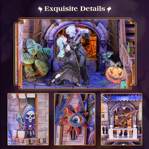 Image of Tonecheer DIY Book Nook Kit for Adults, Double-Sided Booknook Wooden 3D Puzzle Bookend Miniature House Kit, Fantasy Bookshelf Decor with Dust Cover and LED Light for Birthday Gifts (Monster Carnival)