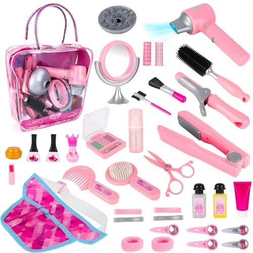 deAO Conjunto de Jogos de 35 Peças de Salão de Beleza para Meninas, Jogo de Simulação de Cabeleireiro com Secador de Cabelo, Espelho, Modelador e Outros Acessórios, Kit de Maquiagem Simulado para