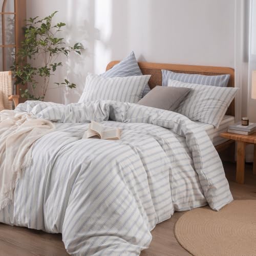 Image of BESTOUCH Striped Cotton Duvet Cover Set Linen Feel Super King Plus | 100% Washed Cotton, Soft Wrinkle Texture, Hidden Zipper, 8 Ties, Breathable Lightweight Durable Comfy, 3 Pcs No Insert