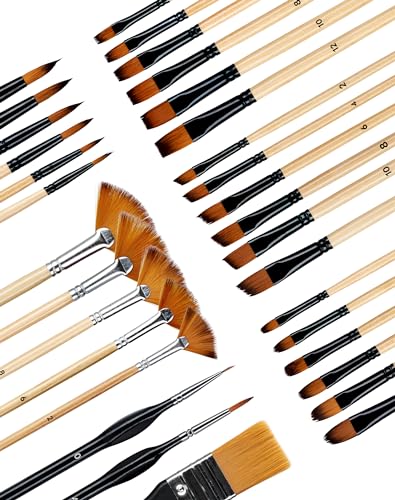 LAOYE Pinselset Acrylfarben 32 Aquarellpinsel Set Acryl Pinsel Kinder Künstlerpinsel, Rundpinsel, Katzenzungenpinsel, abgewinkelt, flach, Fächer Pinsel für Teenager Anfänger Malliebhaber