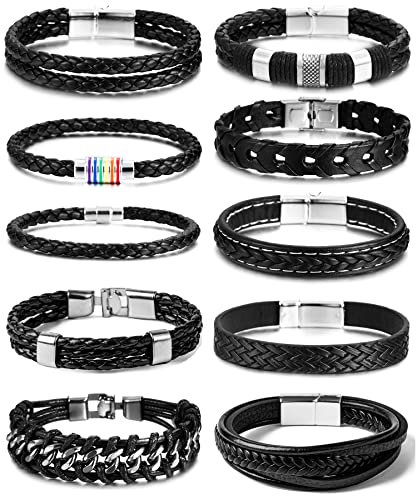 BOMAIL 10Pcs Black Leather Bracelets for Men Women Braided Leather Wristband Cuff Bracelets Punk Leather Bracelets Set
