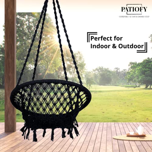 Image of Patiofy Cotton Netted Round Large Swing for Adults /Swing for Balcony /Swing Chair for Adults for Home /Hammock Swing for Adults /Swing Chair Wooden /Without Hanging Kit (120Kgs Weight Capacity- Black)