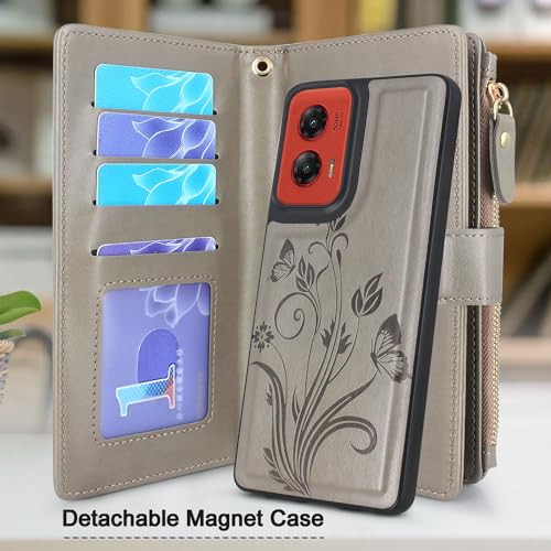 Lacass Case Wallet for Motorola Moto G Stylus 5G | 2024 |, [12 Card Slots] ID Credit Cash Holder Zipper Pocket Detachable Leather Wallet Cover with Wrist Strap Lanyard?Floral Gray?