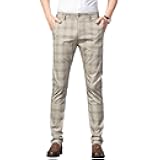 Mens Casual Fashion Slim Fit Stretch Flat-Front Skinny Dress Pants Plaid with Pockets