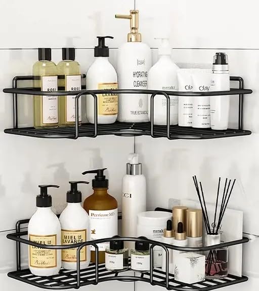 Pack of 2 Self Adhesive Corner Shelf for Bathroom/Adhesive Shelf for Kitchen with Magic Sticker/Bathroom Organizer Without Drill (GI Metal, Black)