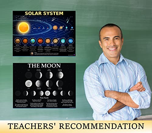Solar System Poster And Moon Phases Chart - Laminated 14X19.5 - Educational Charts, Classroom Poster And Decoration, Back To School Supplies, Learning Poster For Preschool, Kindergarten, Elementary, And Virtual Learning, Space Decor For Bedroom #TOP4