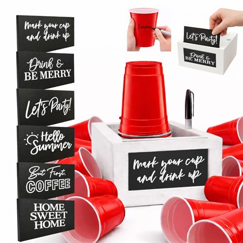 1018 oz Wooden Cup Holder with Marker Slot & 6 Interchangeable Quote Signs Farmhouse Drink Caddy for BBQs Weddings Parties Housewarming & Home Bar Decor (White)