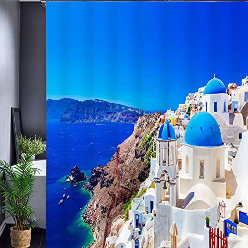 JOOCAR Bathroom Decorative, Greek Scenery Santorini White Stone Palace European City Seaside Landscape - Image 4