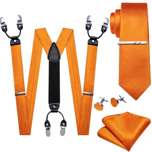 Image of Barry.Wang Men Suspender Set with Necktie Elastic Y Type Heavy Duty 6 Clips Braces Tie Handkerchief Cufflink Pin 6PCS