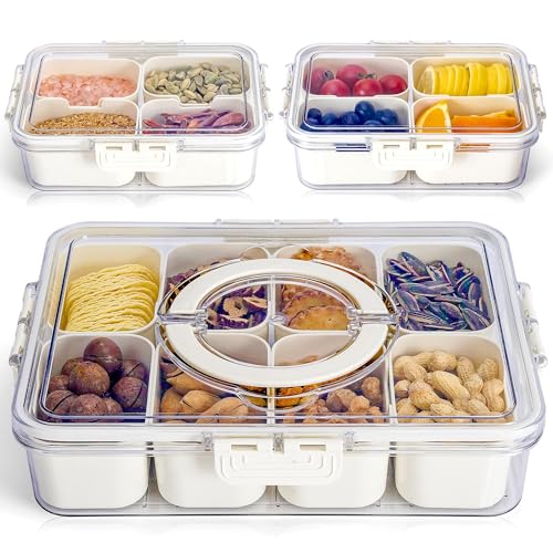 Divided Serving Tray with Lid and Handle - Snacklebox 3 Pcs Charcuterie Container for Portable Snack Platters & Storage Organizer for Fruits, Nuts, Candy, Snacks - Perfect for Travel and Entertaining