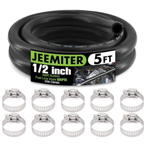 Image of Jeemiter 1 /2 inch ID (13mm) Fuel Line Hose 5FT - Heavy Duty SAE 30R7 NBR Rubber - Short Length High Flow Kit with 10 Clamps for Diesel Trucks, Marine, Tractor & Industrial Use