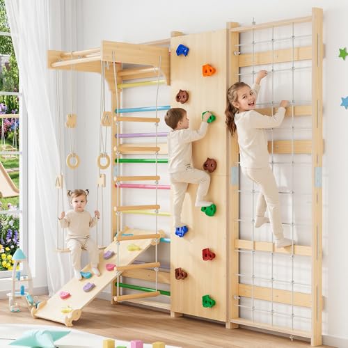 BlueWood 9-in-1 Swedish Ladder Jungle Gym Toddler Climbing Toys Indoor & Rock Climbing Wall for Kids Solid Wood & Wall-Mount Space-Saving for Home Playroom Versatile for All Age-Rainbow