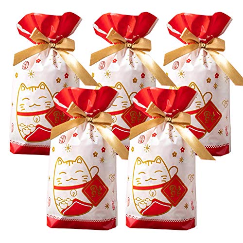 24pcs Treat Bags Party Favor Bags Lucky Cat Gift Bags Plastic Drawstring Bags Candy Bags Goodies Bags Gift Wrapping Bags for Birthday Wedding Baby Shower Bridal Shower Holiday Party