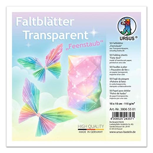 Ursus 38065501 - Transparentpapier-Faltblätter Feenstaub, 50 Blatt, ca. 15 x 15 cm, 115 g/qm, einseitig Bedruckt, zum Falten von Fensterbildern, Sternen und Figuren, bunt