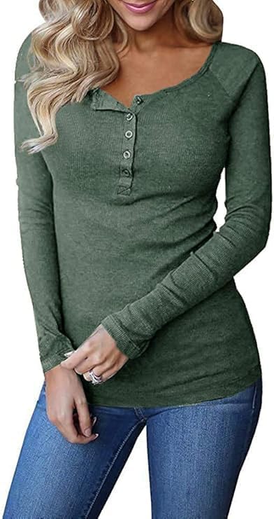Remikstyt Womens Long Sleeve Henley Shirts Ribbed Button Down Casual Tunic Tops