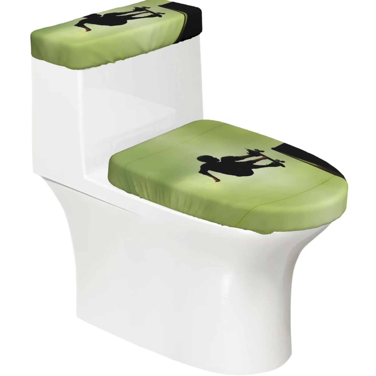 Skateboard 2-Piece Toilet Seat Cover Set with Tank Lid - Elastic for U-Shape & Elongated - Bathroom Decor