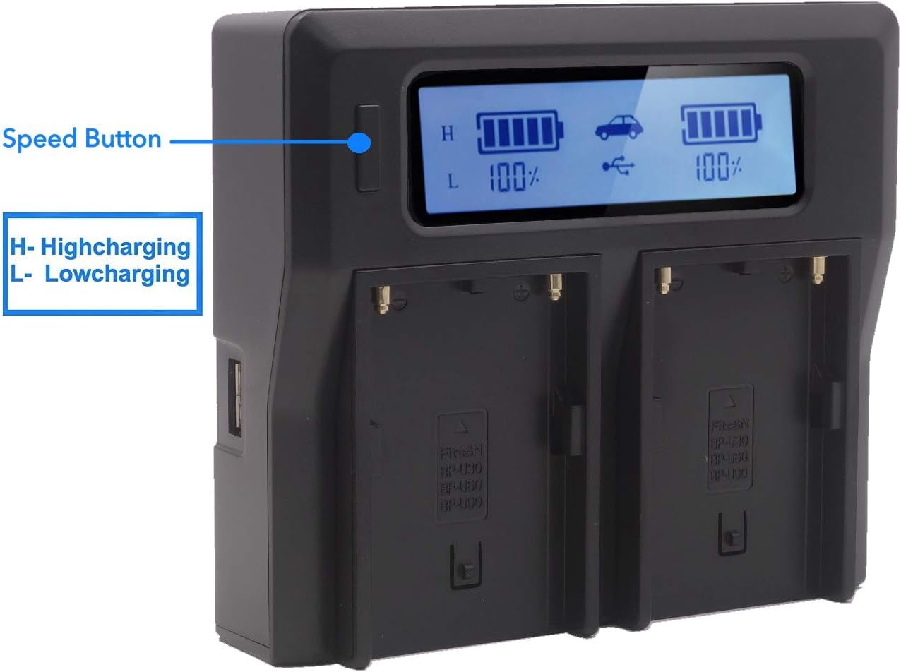 Baxxtar Cargador Dual LCD USB para baterías Sony BP-U30 BP-U35 BP-U60 BP-U65 BP-U70 BP-U90 BP-U95 BP-U100 – para cámaras Sony PMW EX1/EX1r EX3 F3 100 150 160 200 – Modo Turbo 1500mA y Salida USB