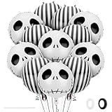 12 PCS Halloween Skull Foil Black and White Striped Balloons(18 Inch) Nightmare Horror Theme Birthday Party Decorations Spooky Ghost Skeleton Cat Baby Shower Day of The Dead Indoor Outdoor Decor