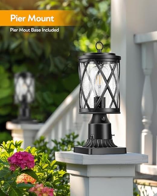 VIANIS Black Post Lights Outdoor, 2 Pack Post Light Dusk to Dawn, Waterproof Outside Lamp Pole Light Fixture, Anti-Rust Outdoor Column Lights for House, Doorway, Garden, Aluminum(Hardwired,Non-Solar)