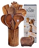 KOZE Complete Wooden Kitchen Cooking Utensil Set - Smooth Teak Wood Spoons and Spatulas for Nonstick...