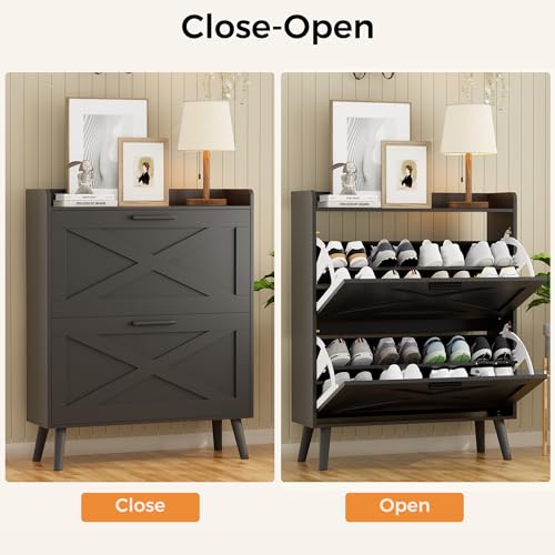 Homleke 32" W Farmhouse Shoe Storage Cabinet with 2 Flip Drawers and Barn Door Design, Adjustable Shelves, Modern Hidden Slim Narrow Shoe Rack Cabinet for Entryway, Foyer, Hallway, Living Room, Black - Thumbnail 6