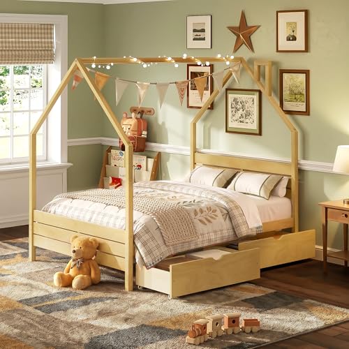 Image of Full Size House-Shape Platform Bed with Headboard and 2 Storage Drawers, Montessori Wood Bed Frame with Roof and Chimney Design, No Box Spring Needed, Easy Assembly (Natural-06, Full)