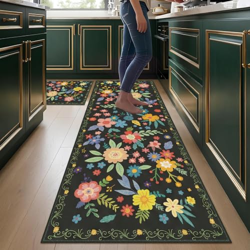 Image of ishro home Premium Kitchen mats for Floor Anti Slip | Machine-Washable |Waterproof| 2 Pcs Set| (18 x 55 + 18 x28 inches) (Victorian Flora)