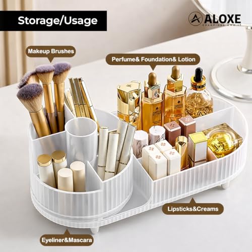 Image of ALOXE Makeup Organisers | 360 Rotating Brush Holder & Elegant Organizer Storage Box for Dressing Table, Skincare, Cosmetics & Accessories (Transparent)