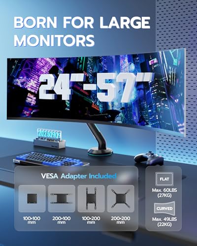 Image of Single Gaming Monitor Arm for 24 inch-57 inch Screens, Up to 60 lbs, Black | Full Motion Computer Monitor Mount, Heavy Duty Gas Spring Desk Stand with VESA 75x75 to 200x200, with C Clamp, Grommet Base