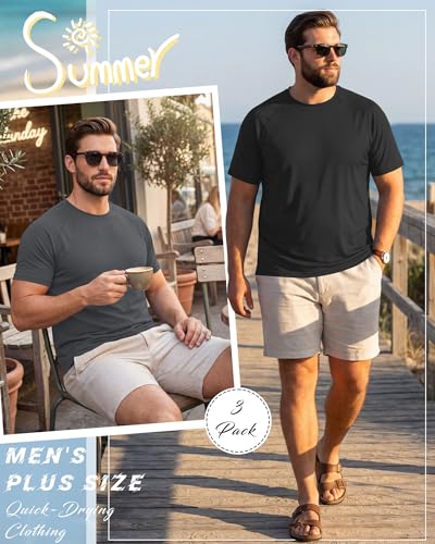 Image of Huukeay 3 Pack Men's Big and Tall Rash Guard T Shirts UPF 50+ Short Sleeve Swim Shirts Sun Protection Quick Dry Active Tops