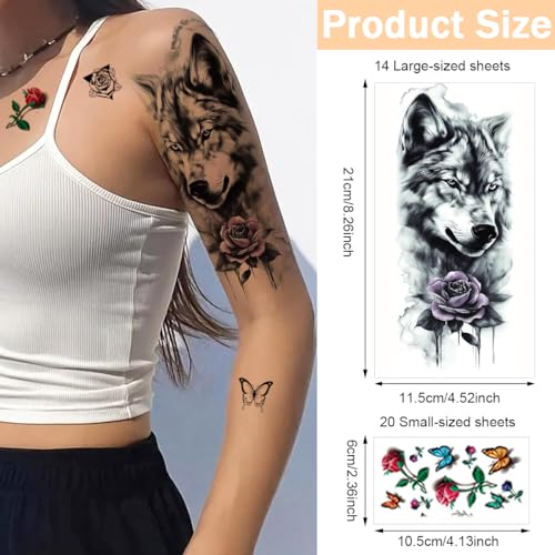 Image of MAYCREATE Temporary Tattoo for Men Women 34 Sheets Large Arm Band Tattoo Sticker, 3D Realistic Armband Tattoo, Body Half Sleeve Hand Tattoo for Women, Assorted Lion Wolf Tiger Skull Fake Tattoos