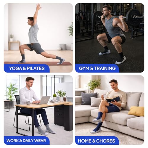 Image of CoolMate Mens Grip Socks, Non-Slip Mens Crew Socks for Hospital Elderly | Grip pads keep their hold wash after wash. Soft cotton-poly blend for pilates, yoga, barre, or post-surgery recovery at home.