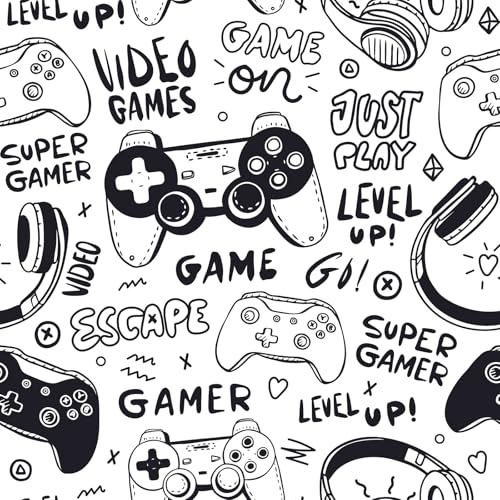Livelynine Gaming Wallpaper Peel and Stick Cool Modern Black and White Playroom Wallpaper Boys Room Graffiti Gamer Self Adhesive Contact Paper Removable Locker Wall Paper Sticky Boy Vinyl 17.5x78.8