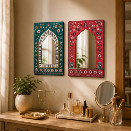 Image of American Elm Pack of 2 Jharokha Mirror Wall Decor for Home Decor Living Room Bedroom and Entryway Arch Acrylic Mirror Wall Hanging Ready to Hang
