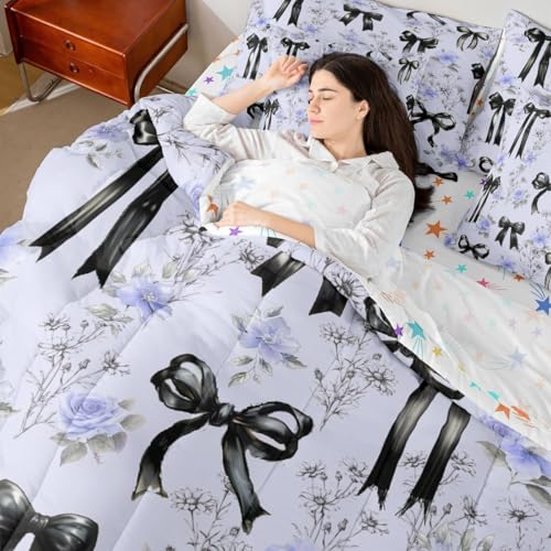 Image of Black Bow Tie Bed in a Bag King Size Comforter Set 7-Piece Boho Floral Pink Flowers Bedding Sets Cute Princess Bow Comforter and Sheet Set, Girly Ribbon Bowknot Room Decor,Kawaii Room Decor Aesthetic