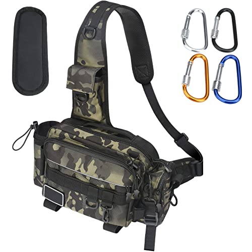 oumuik Angeltasche,Sling Angeltasche wasserdicht verschleißfest Angelrucksack für Angelzubehör mit 4 Karabiner