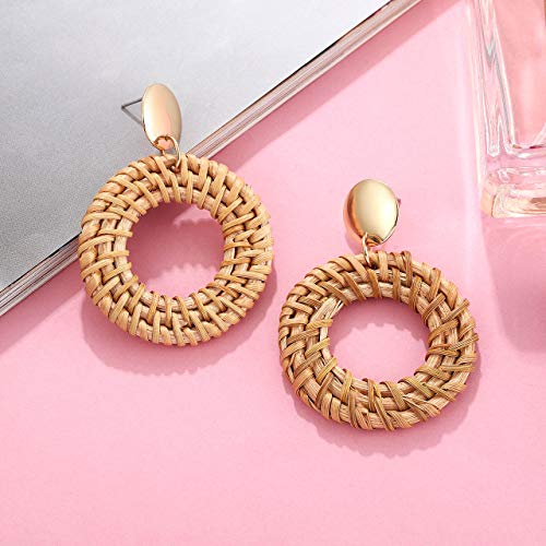 CEALXHENY Rattan Earrings for Women Handmade Straw Wicker Braid Drop Dangle Earrings Lightweight Geometric Statement Earrings (A Round) - Thumbnail 4