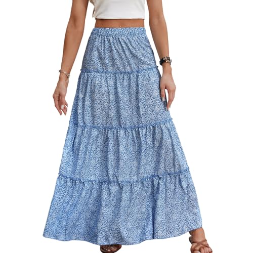 EMOTTOS Women Boho Skirt Ladies Maxi Skirts Elasticated High Waist, A Line Floral Print Vintage Long Skirts Elastic with Ruffles with Drawstring, Beach Skirt Summer Casual Elegant, Blue XL