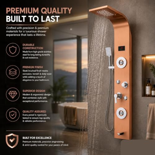 Image of Stainless Steel 304 Grade Shower Panel 8in1+ Extra Large 3Ways Hand Shower With LED Rainfall Waterfall 2Body Massage 4Mist Spray Temperature Display Shower Panel (Rose Gold)