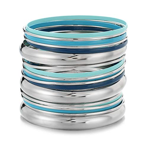 ENSOUL Shiny Silver With Lt.Blue/Turq/Navy Blue Color Mixed Metal Multi Girls&Women Bangles Set of 20