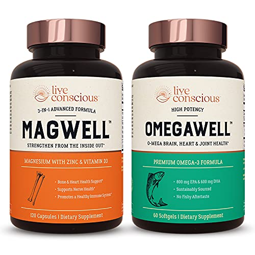 Live Conscious Omegawell Fish Oil & Magwell Magnesium Zinc & Vitamin D3 | Bone & Heart Health, Immune System Support + Heart, Brain & Joint Support #TOP24