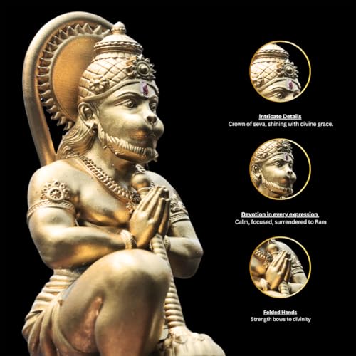 Image of Hanuman Idol for Car Dashboard, Home, Office Desk Hanuman Ji Murti for Peace, Positivity | Bajrangbali Murti for Pooja, Temple Showpiece, Decoration, Festivals & Gifting (Gold 90 mm)