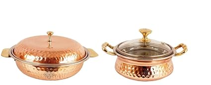 INDIAN ART VILLA Steel Copper Royal Donga Casserole & Handi Bowl witth Glass Lid, Serving Indian Dishes Restaurant Home Hotel, Set of 2